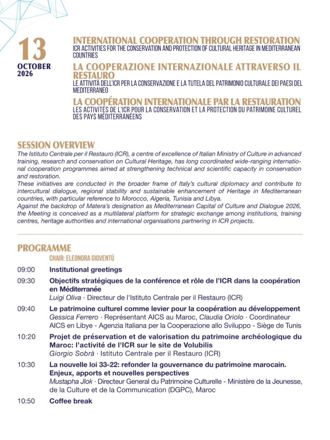 Programme: INTERNATIONAL MEETING | 13–14 OCTOBER 2026 | MATERA, ITALY